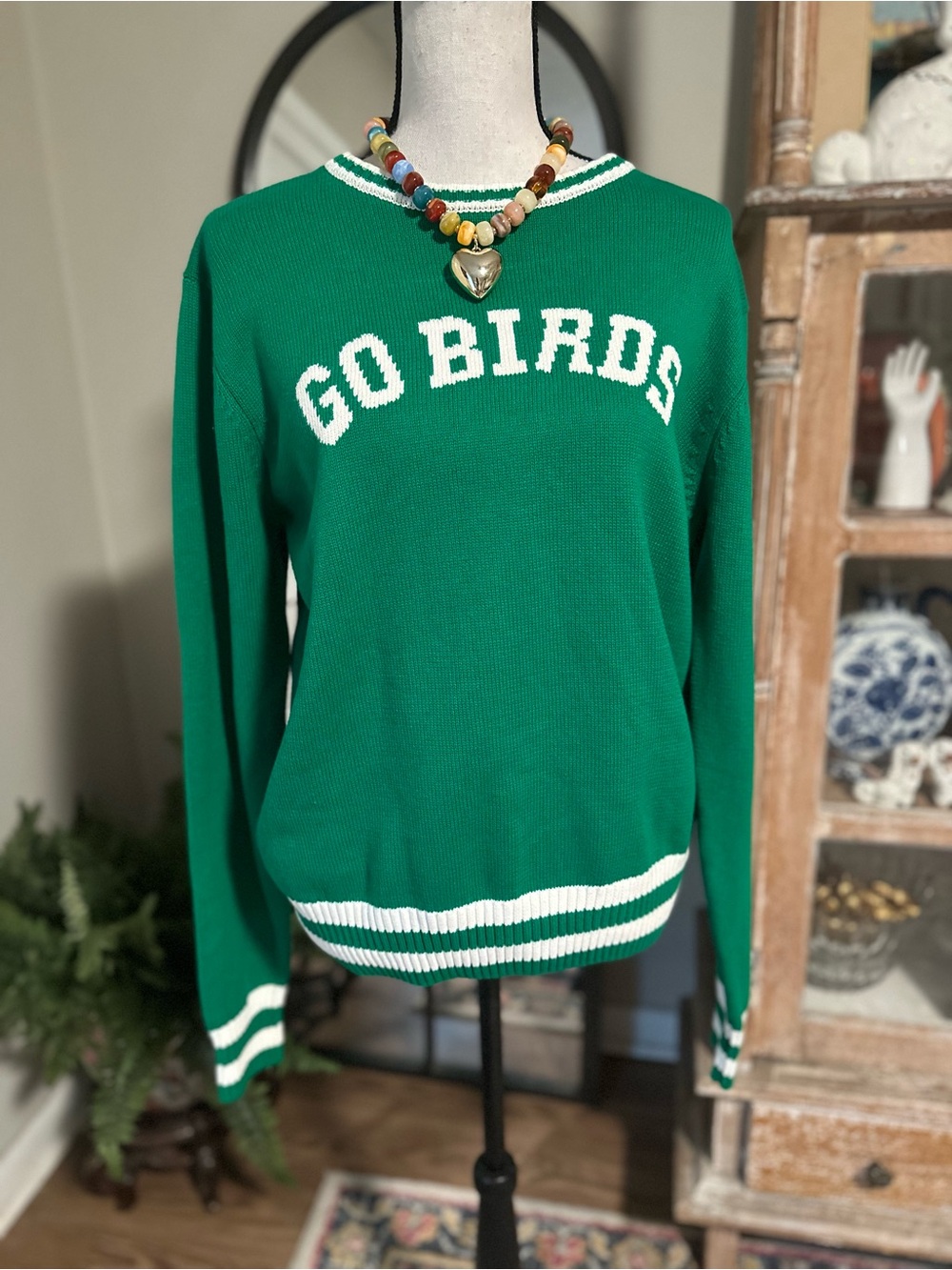American Vintage Green 'GO BIRDS' Crewneck Sweater with White Trim